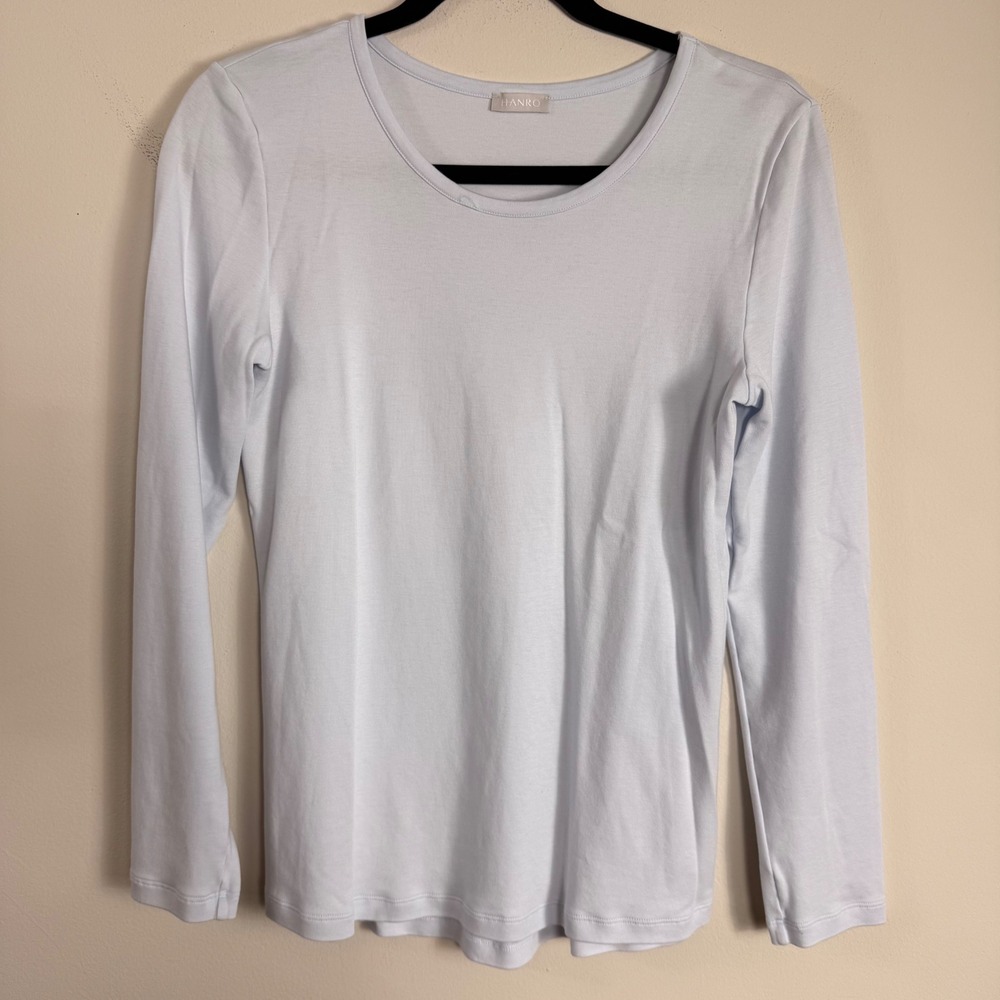 Hanro Womens Long Sleeve Scoop Neck Top Light Blue Fine Knit Sleep Tee Small